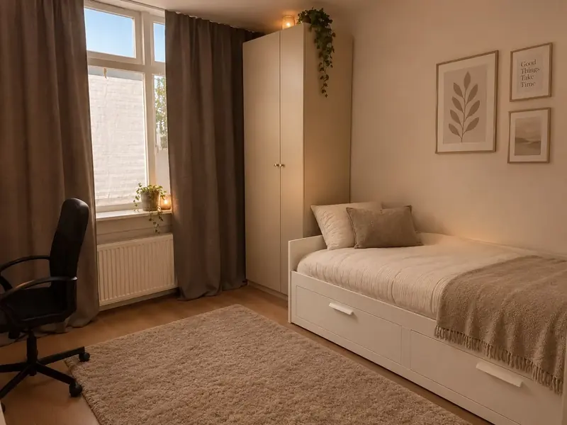Rustige slaapkamer met bed en bureau