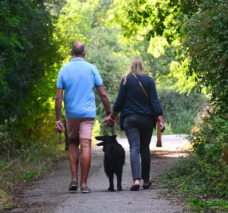 Twee mensen wandelen met een hond over een bospad